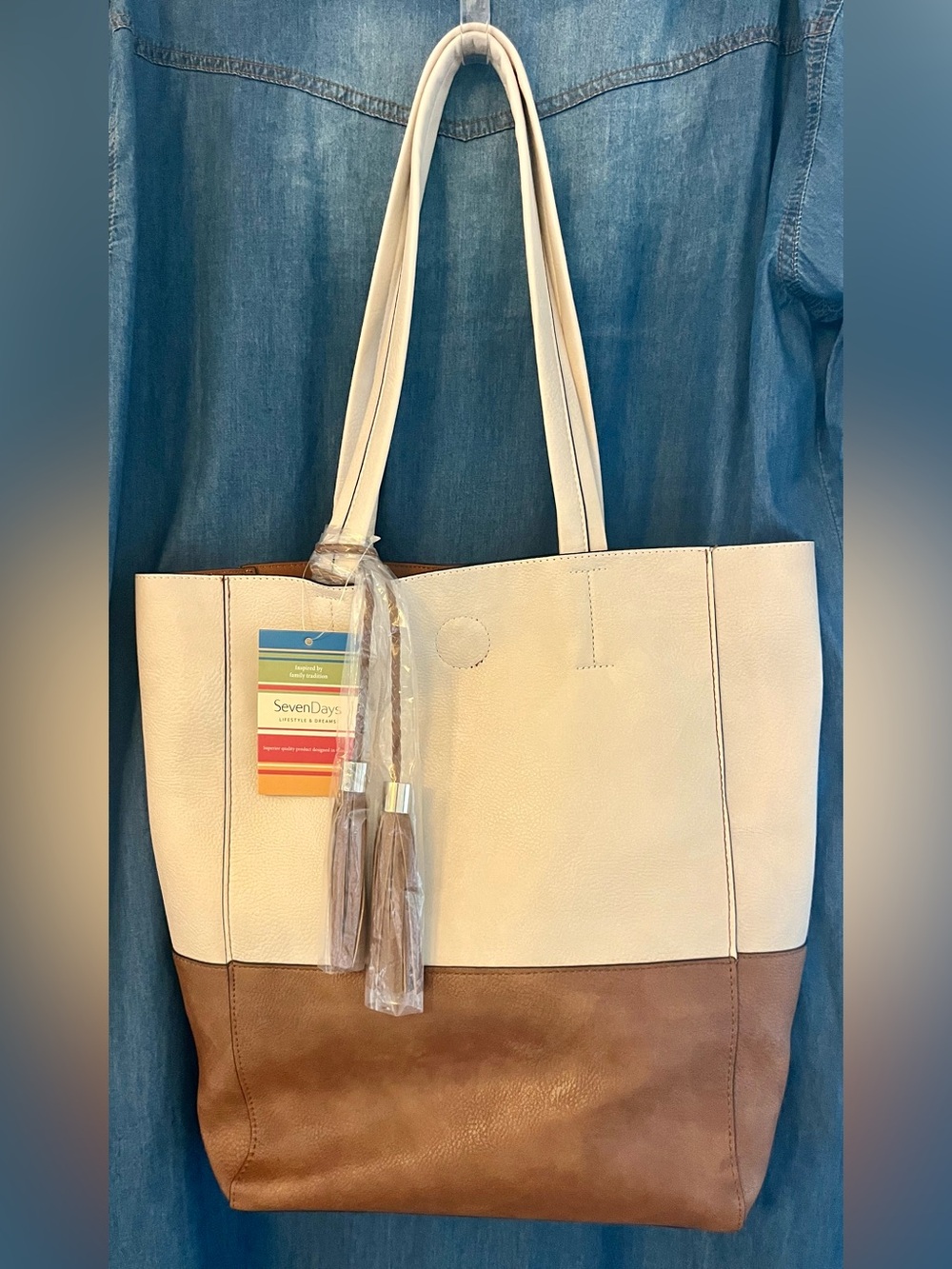 Seven Days Two-Tone Cream and Brown Tote Bag